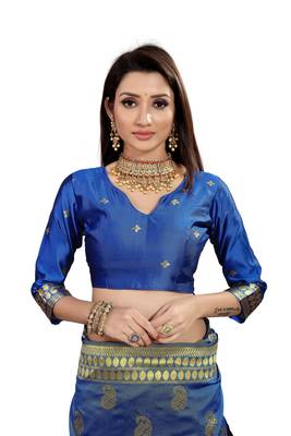  royal blue woven jacquard saree with blouse 5