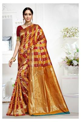 Yellow woven banarasi saree with blouse 1