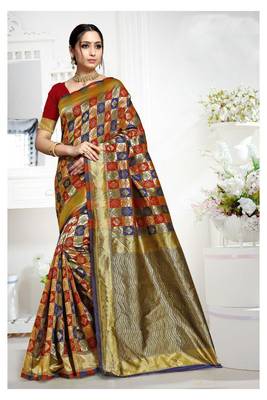 Dark blue woven banarasi saree with blouse 1