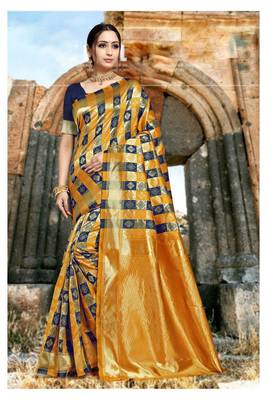 Yellow woven banarasi saree with blouse 1