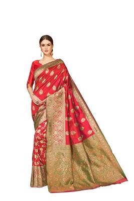  red woven jacquard saree with blouse 2