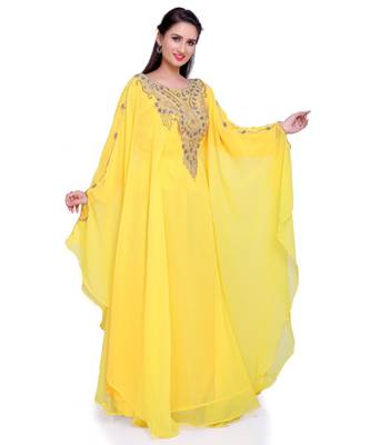 yellow georgette embroidered zari work islamic kaftans 1