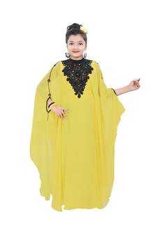 Yellow Georgette Embroidered Zari Work Kids Kaftans