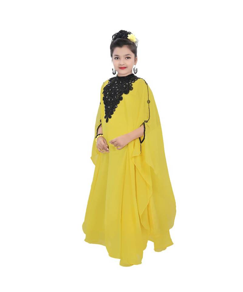 Yellow Georgette Embroidered Zari Work Kids Kaftans