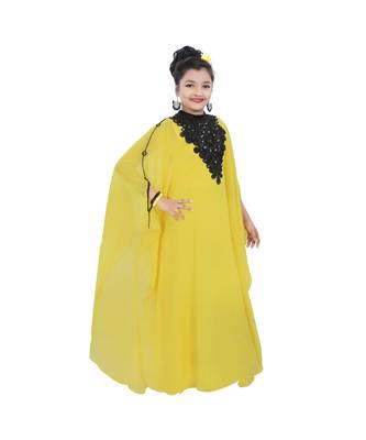 Yellow Georgette Embroidered Zari Work Kids Kaftans 3