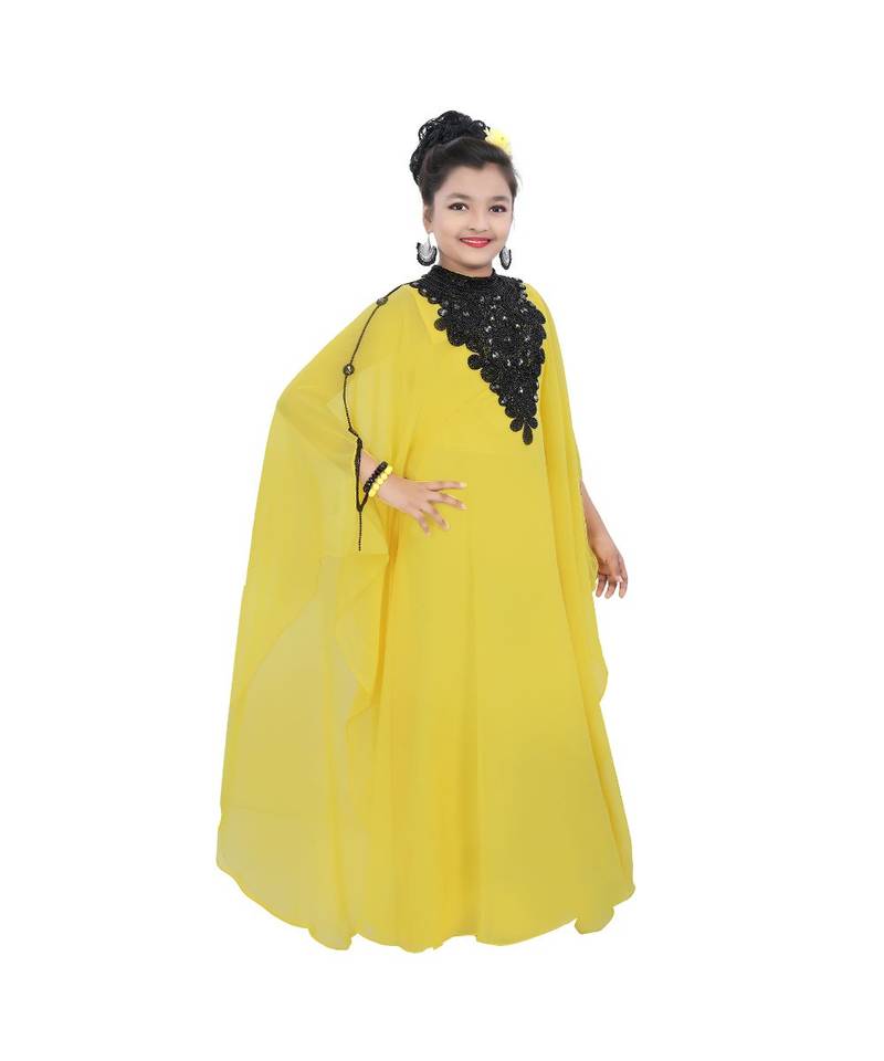 Yellow Georgette Embroidered Zari Work Kids Kaftans