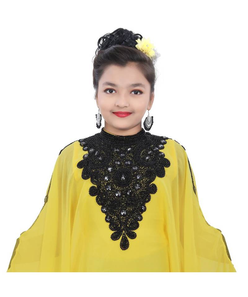 Yellow Georgette Embroidered Zari Work Kids Kaftans