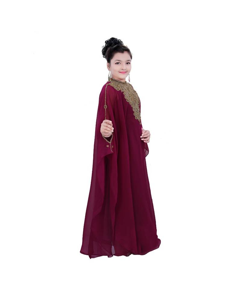 Maroon Georgette Embroidered Zari Work Kids Kaftans