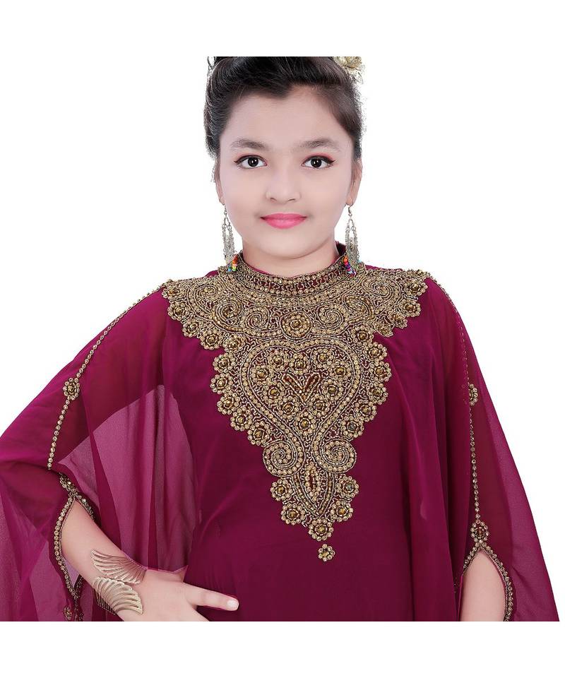 Maroon Georgette Embroidered Zari Work Kids Kaftans