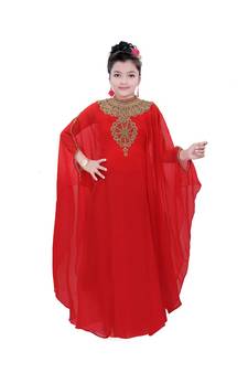 Red Georgette Embroidered Zari Work Kids Kaftans