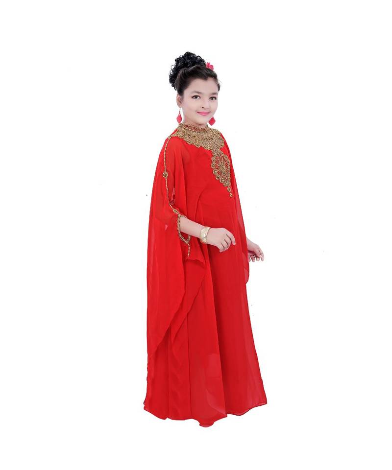 Red Georgette Embroidered Zari Work Kids Kaftans