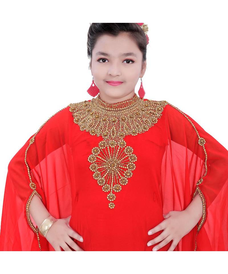 Red Georgette Embroidered Zari Work Kids Kaftans