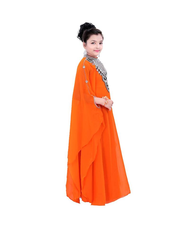 Orange Georgette Embroidered Zari Work Kids Kaftans