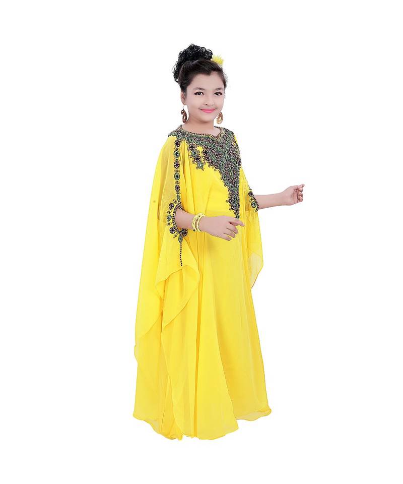 Yellow Georgette Embroidered Zari Work Kids Kaftans