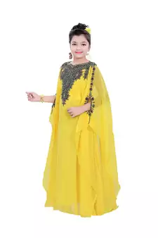 Yellow Georgette Embroidered Zari Work Kids Kaftans
