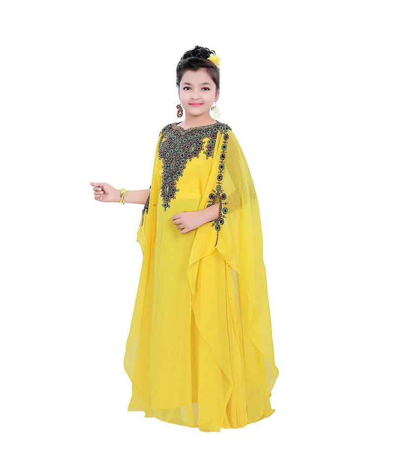 Yellow Georgette Embroidered Zari Work Kids Kaftans