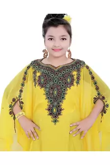 Yellow Georgette Embroidered Zari Work Kids Kaftans
