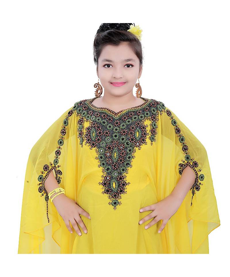 Yellow Georgette Embroidered Zari Work Kids Kaftans