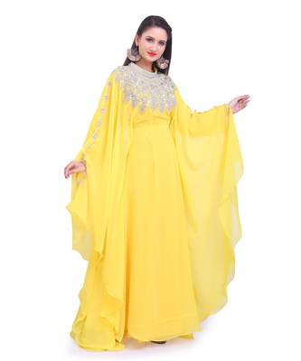 yellow georgette embroidered zari work islamic kaftans 1