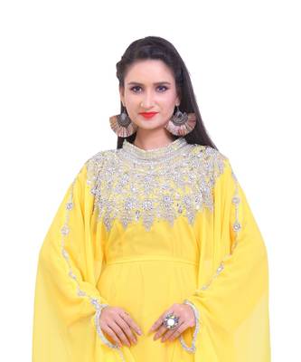 yellow georgette embroidered zari work islamic kaftans 4