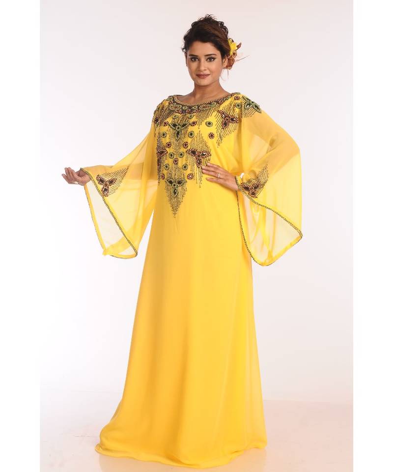 Yellow Georgette Embroidered Zari Work Islamic Kaftans