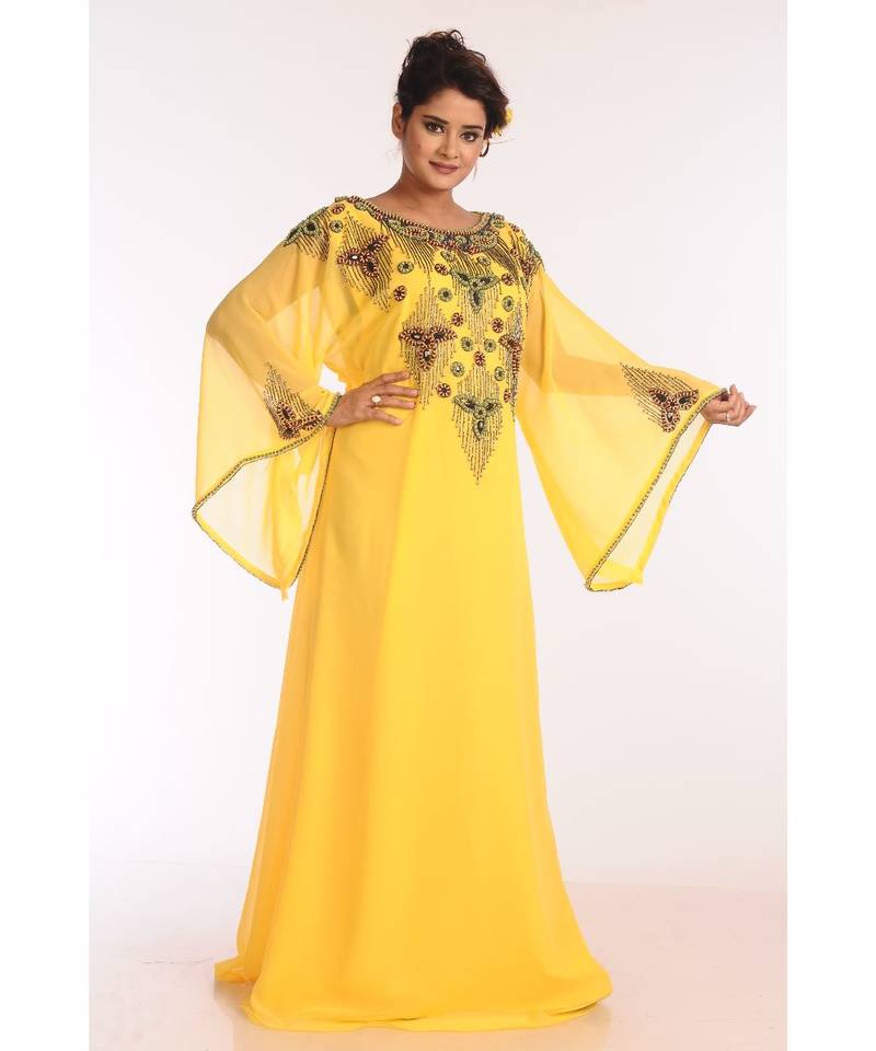 Yellow Georgette Embroidered Zari Work Islamic Kaftans