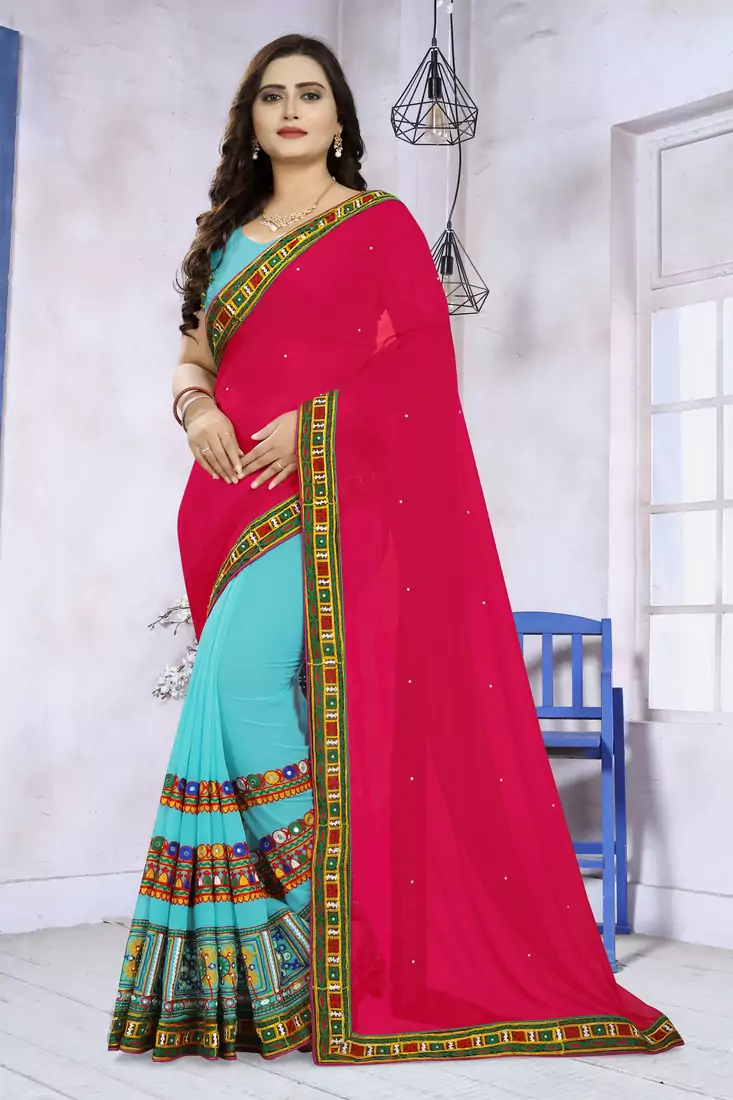 Pink Embroidered Georgette Saree With Blouse
