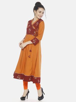 Orange printed rayon ethnic-kurtis 4