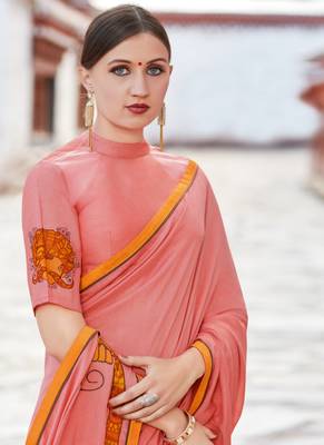 Light Pink Printed Chiffon Saree With Blouse 2