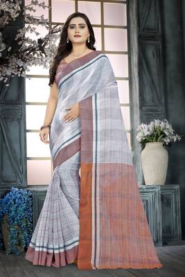 Peach printed linen saree with blouse 1