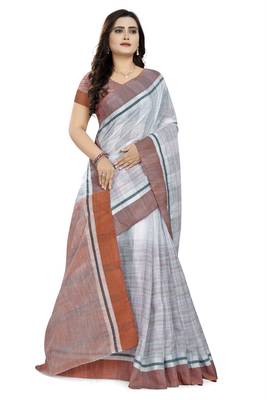 Peach printed linen saree with blouse 3