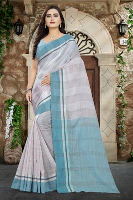Sky Blue Printed Linen Saree With Blouse 1