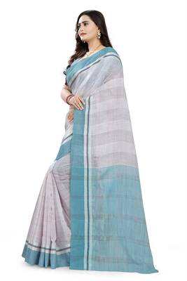Sky Blue Printed Linen Saree With Blouse 2