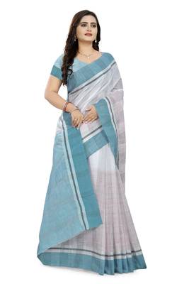 Sky Blue Printed Linen Saree With Blouse 3