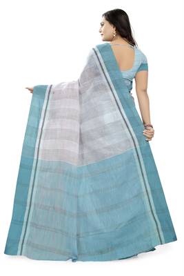 Sky Blue Printed Linen Saree With Blouse 4