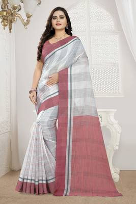 Light Pink Printed Linen Saree With Blouse 1