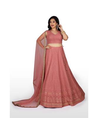 Peach Embroidered Georgette Readymade Lehenga Cholis 1
