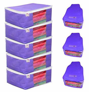 atorakushon   Fabric 5 Saree Cover and 3 Blouse Clothes Storage Bag Wardrobe Garments Organiser (blue) 1