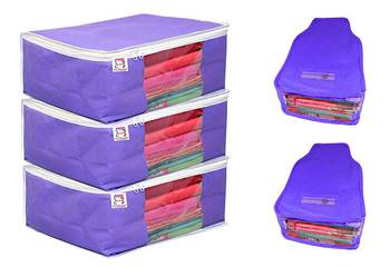 atorakushon   Fabric 3 Saree Cover and 2 Blouse Clothes Storage Bag Wardrobe Garments Organiser (blue) 1