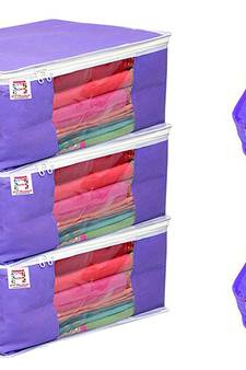 atorakushon   Fabric 3 Saree Cover and 2 Blouse Clothes Storage Bag Wardrobe Garments Organiser (blue)