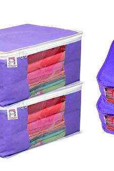 atorakushon   Fabric 2 Saree Cover and 2 Blouse Clothes Storage Bag Wardrobe Garments Organiser (blue)