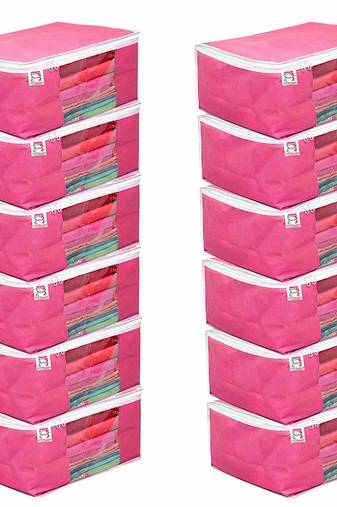 atorakushon Fabric 12 Piece Saree Cover Clothes Storage Bags Garments Wardrobe Organiser (Pink)