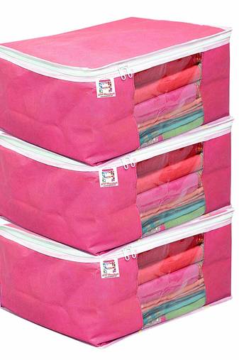 atorakushonFabric 3 Piece Saree Cover Clothes Storage Bags Garments Wardrobe Organiser (Pink)