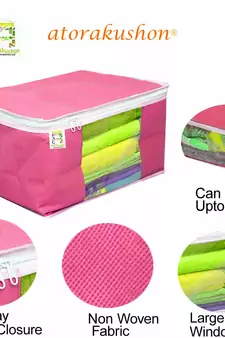 atorakushonFabric 3 Piece Saree Cover Clothes Storage Bags Garments Wardrobe Organiser (Pink)