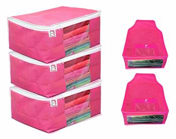 atorakushon   Fabric 3 Saree Cover and 2 Blouse Clothes Storage Bag Wardrobe Garments Organiser (Pink) 1