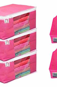 atorakushon   Fabric 3 Saree Cover and 2 Blouse Clothes Storage Bag Wardrobe Garments Organiser (Pink)