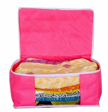 atorakushon   Fabric 3 Saree Cover and 2 Blouse Clothes Storage Bag Wardrobe Garments Organiser (Pink) 2
