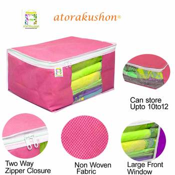 atorakushon   Fabric 3 Saree Cover and 2 Blouse Clothes Storage Bag Wardrobe Garments Organiser (Pink) 3