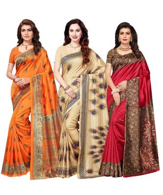 Combo of 3 Poly Silk Multicolor Printed Women's Saree/Sari With Blouse Piece 1