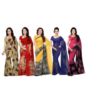 Combo of 5 Poly Georgette Multicolor Printed Women's Saree 1